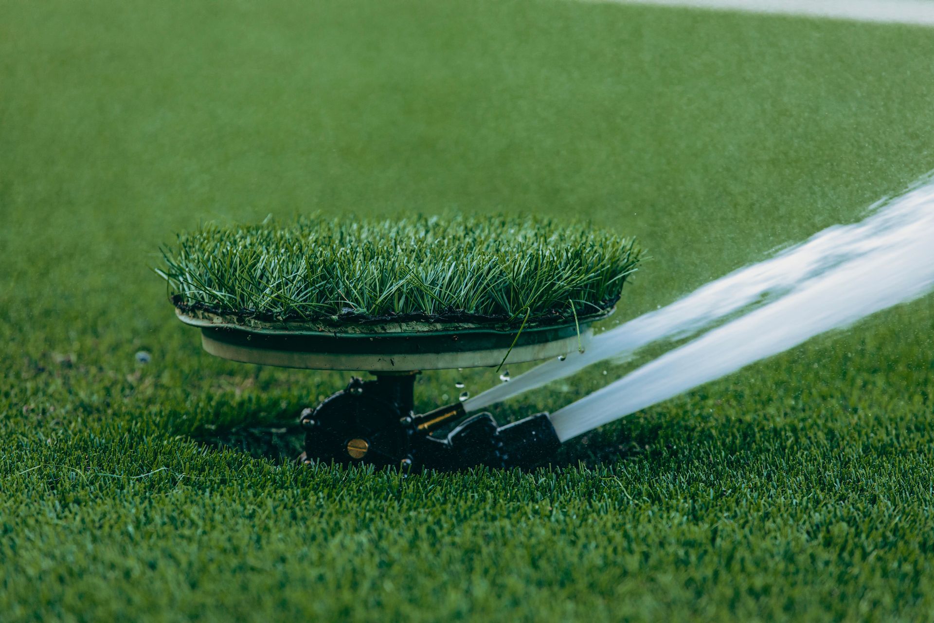 A close-up of an automated lawn sprinkler in action, showcasing efficient water usage on lush grass.